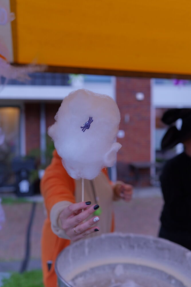 Een hand houdt een suikerspin vast met een zwart spinnetje erop